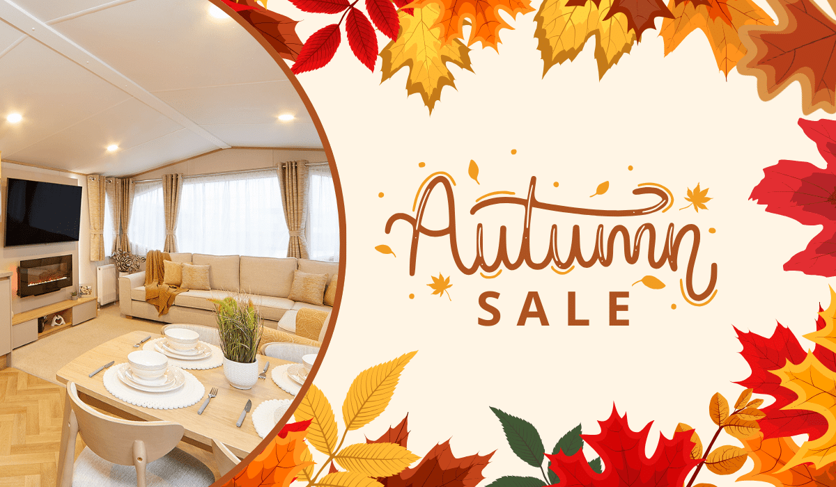 Autumn Sale graphic with a caravan photo and illustrations of autumnal leaves