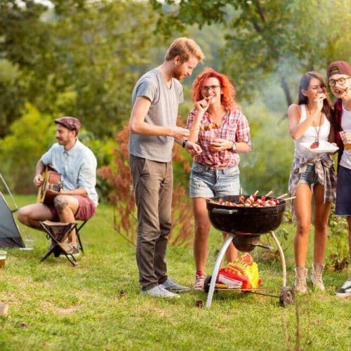 A group of people enjoying a BBQ with someone playing the guitar in the background