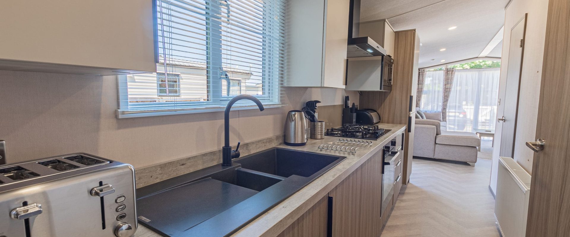 Oakcliff's Lapwing Mini Lodge fully-fitted, modern kitchen